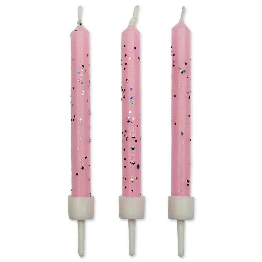 Wilton Candles - Pink Glitter With Holders 10 Pack