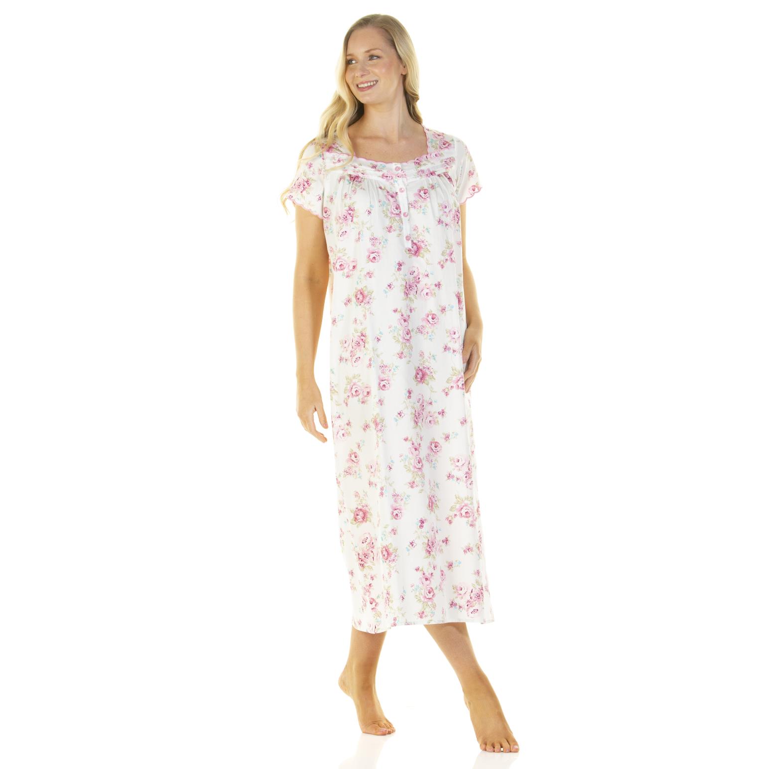 Sue Marks Cotton Roses Short Sleeve Long Length Nightdress With Embroidery