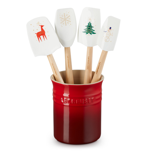 Le Creuset Noel Utensil Set Of 4 With Crock Cerise