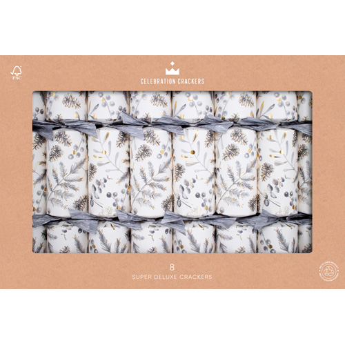 The Paperie Super Deluxe Crackers 14 In. Silver Botanical (8 Pack)