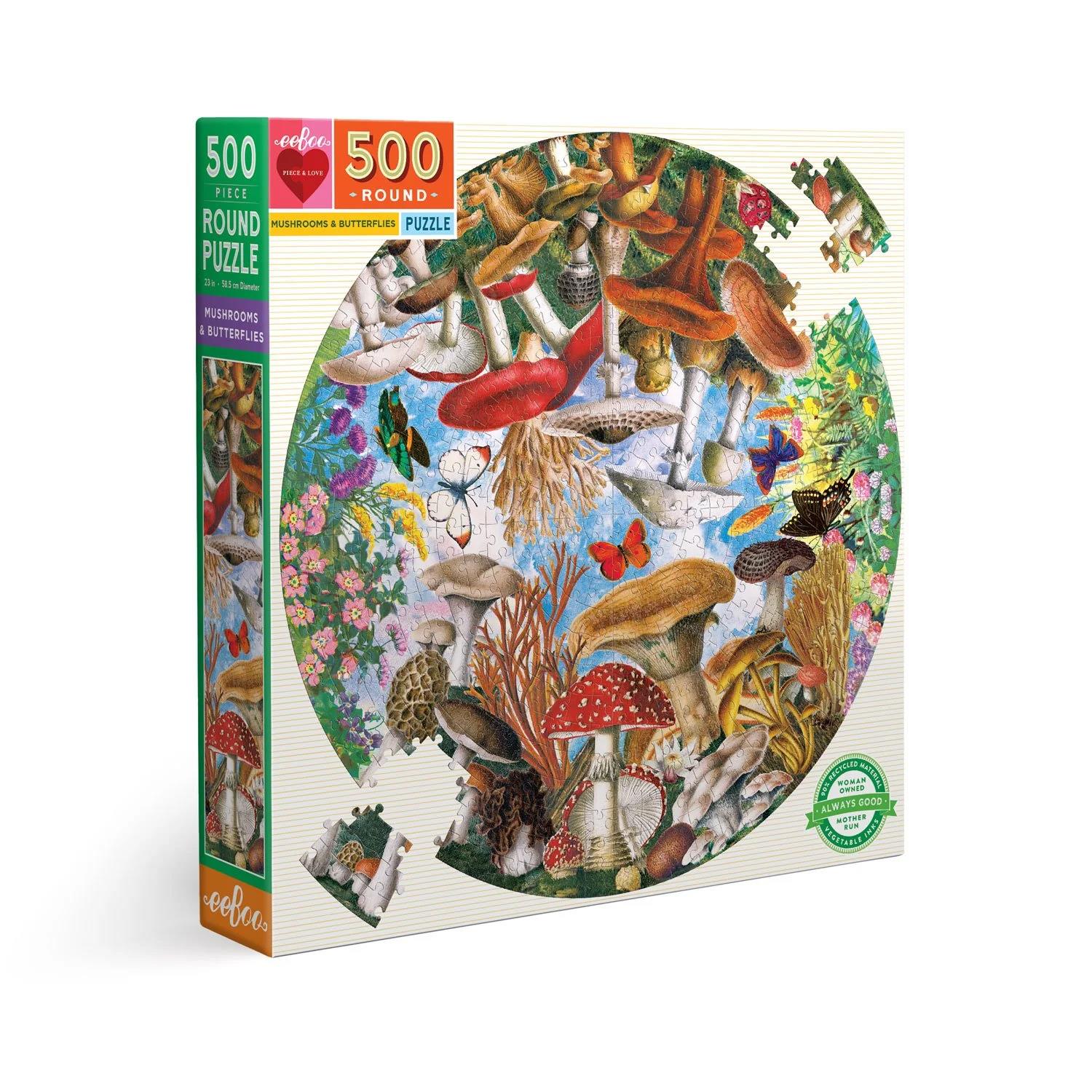 Eeboo Mushrooms and Butterflies 500 Piece Round Puzzle