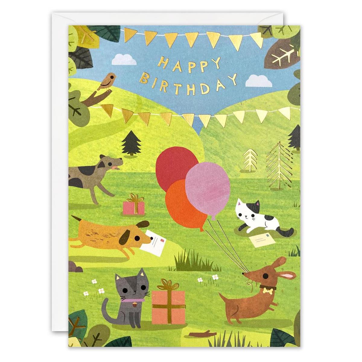 Dogs And Cat Happy Birthday Card