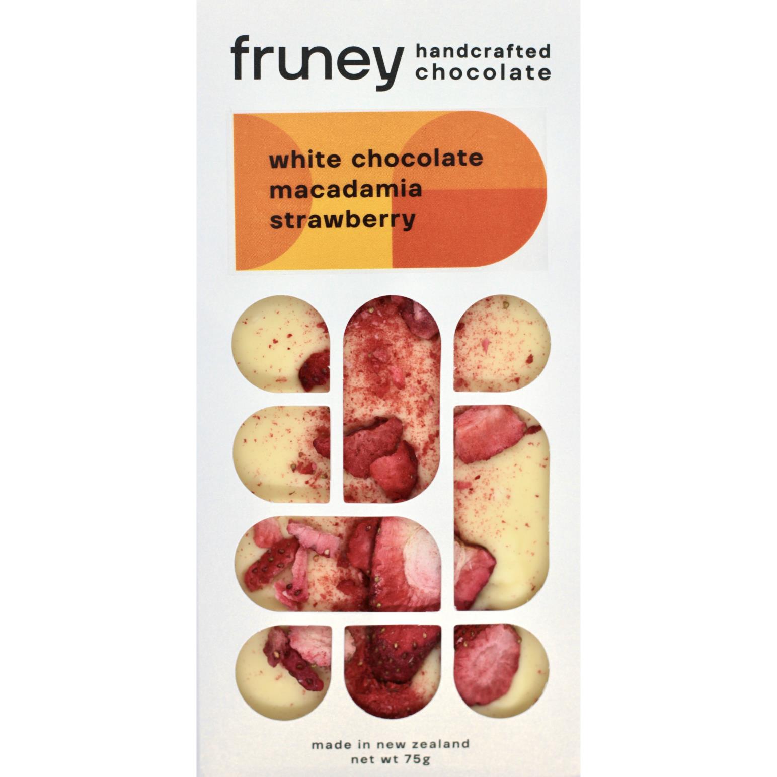 fruney handcrafted chocolate White Chocolate, Macadamia & Strawberry 75g