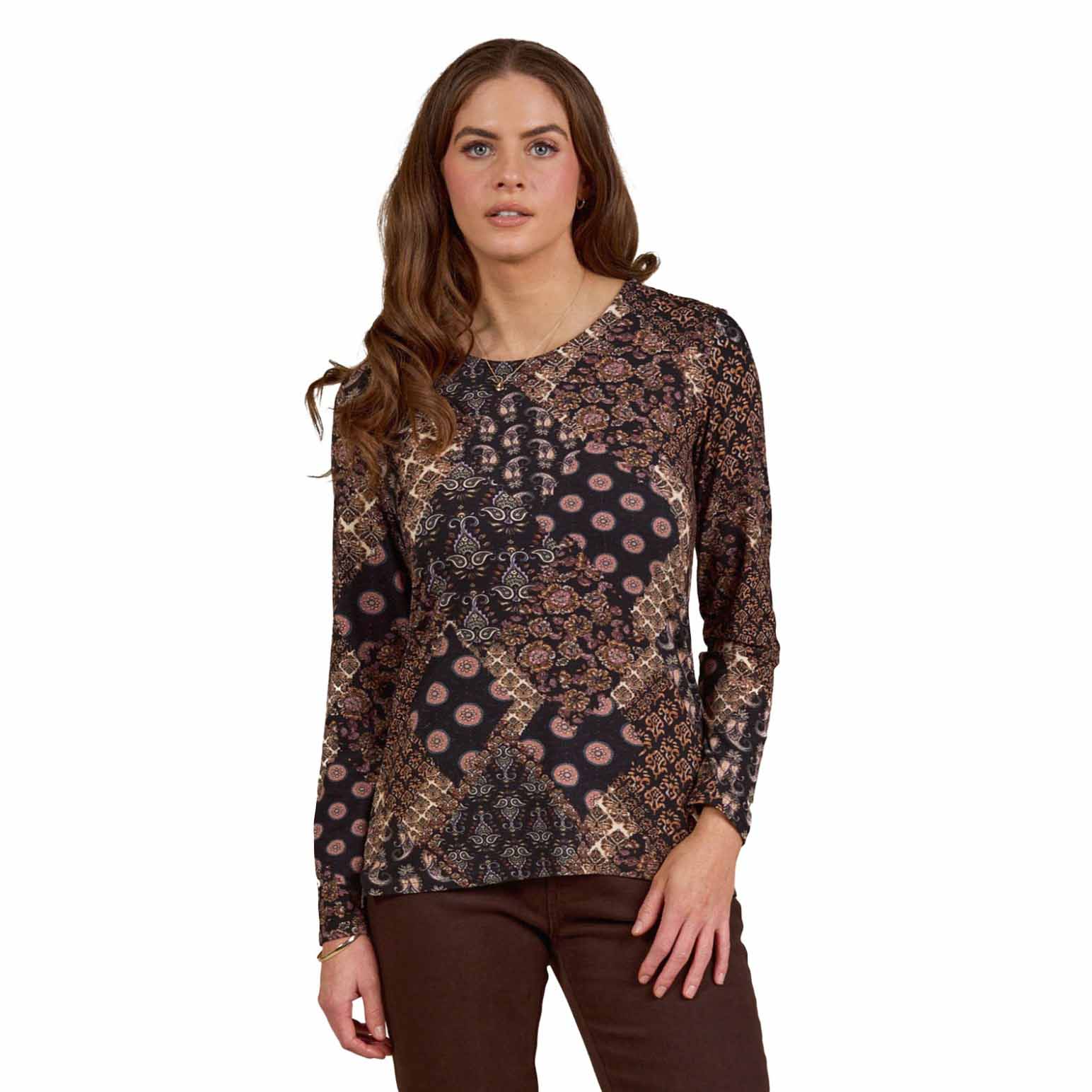 Vassalli Long Sleeve Round Neck Printed Knit Top