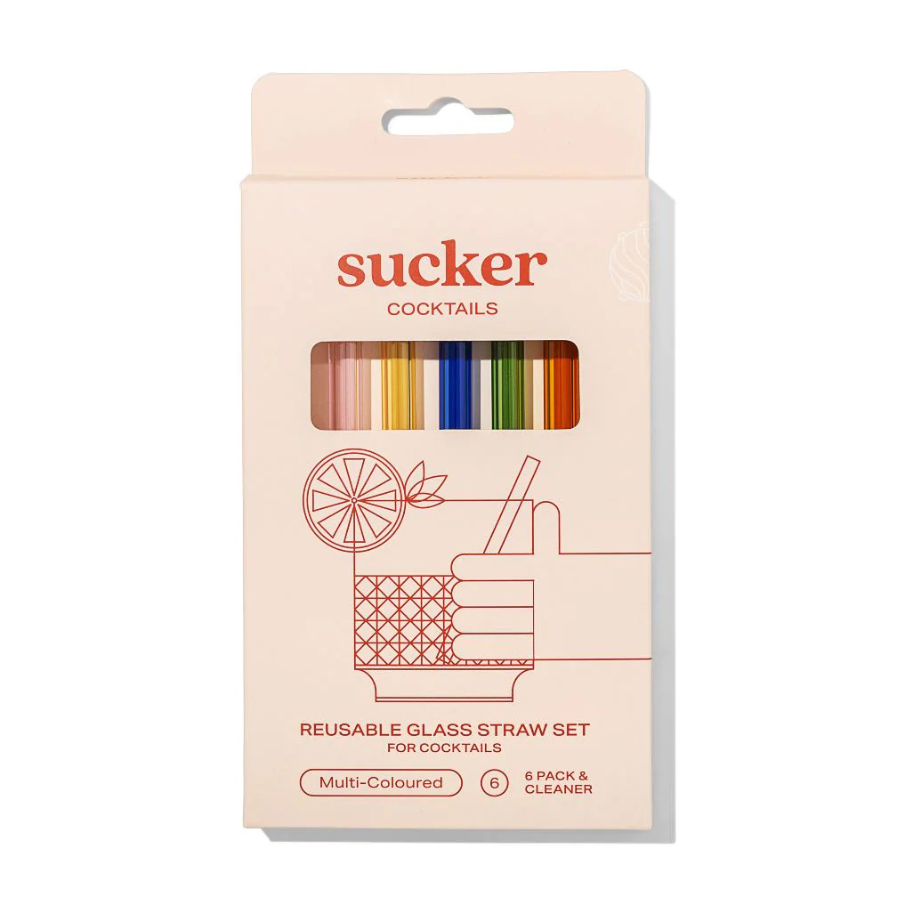 Sucker Re-Usable Glass Cocktail Straws Multi Colour 6 Pack