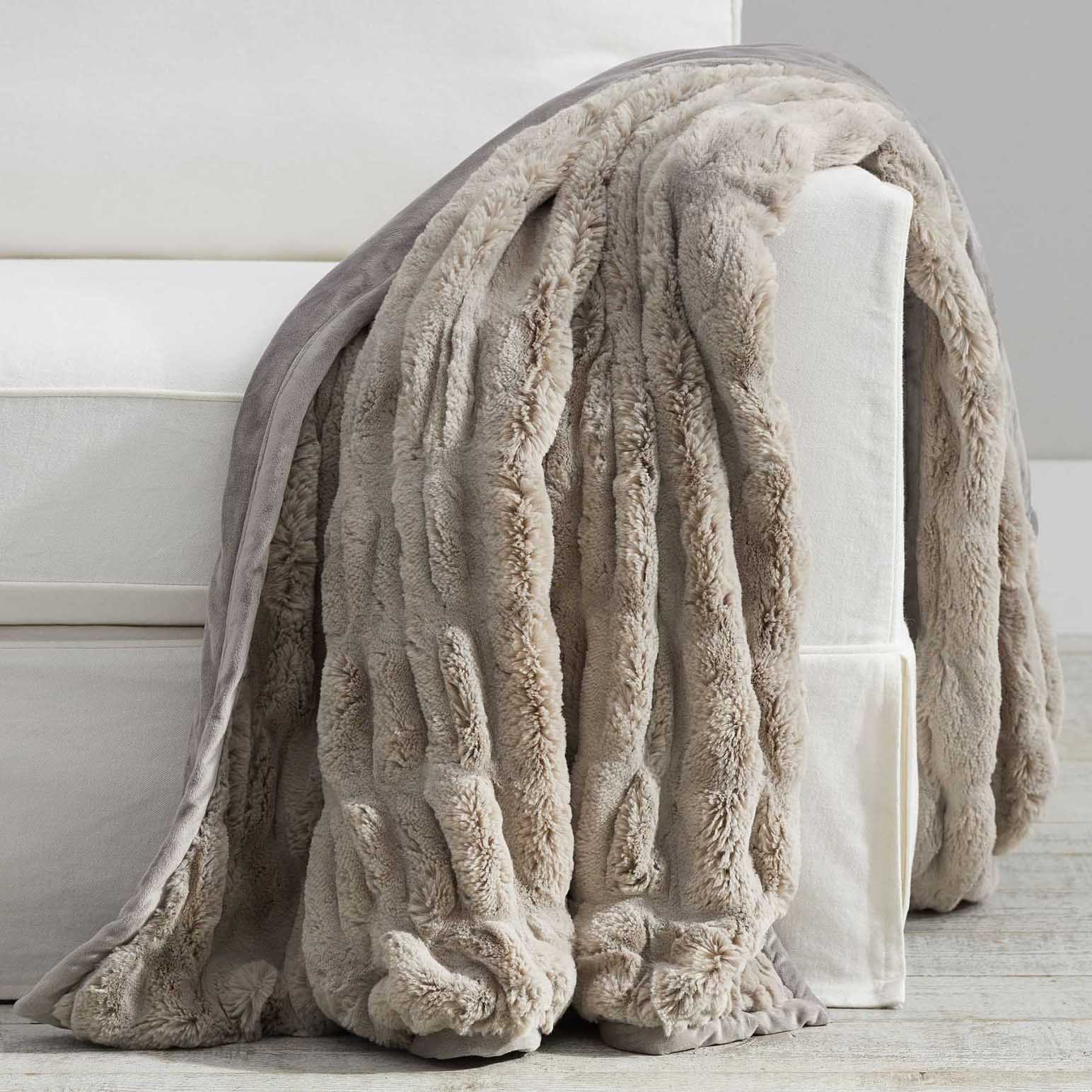 Pottery Barn Faux Fur Ruched Throw Gray