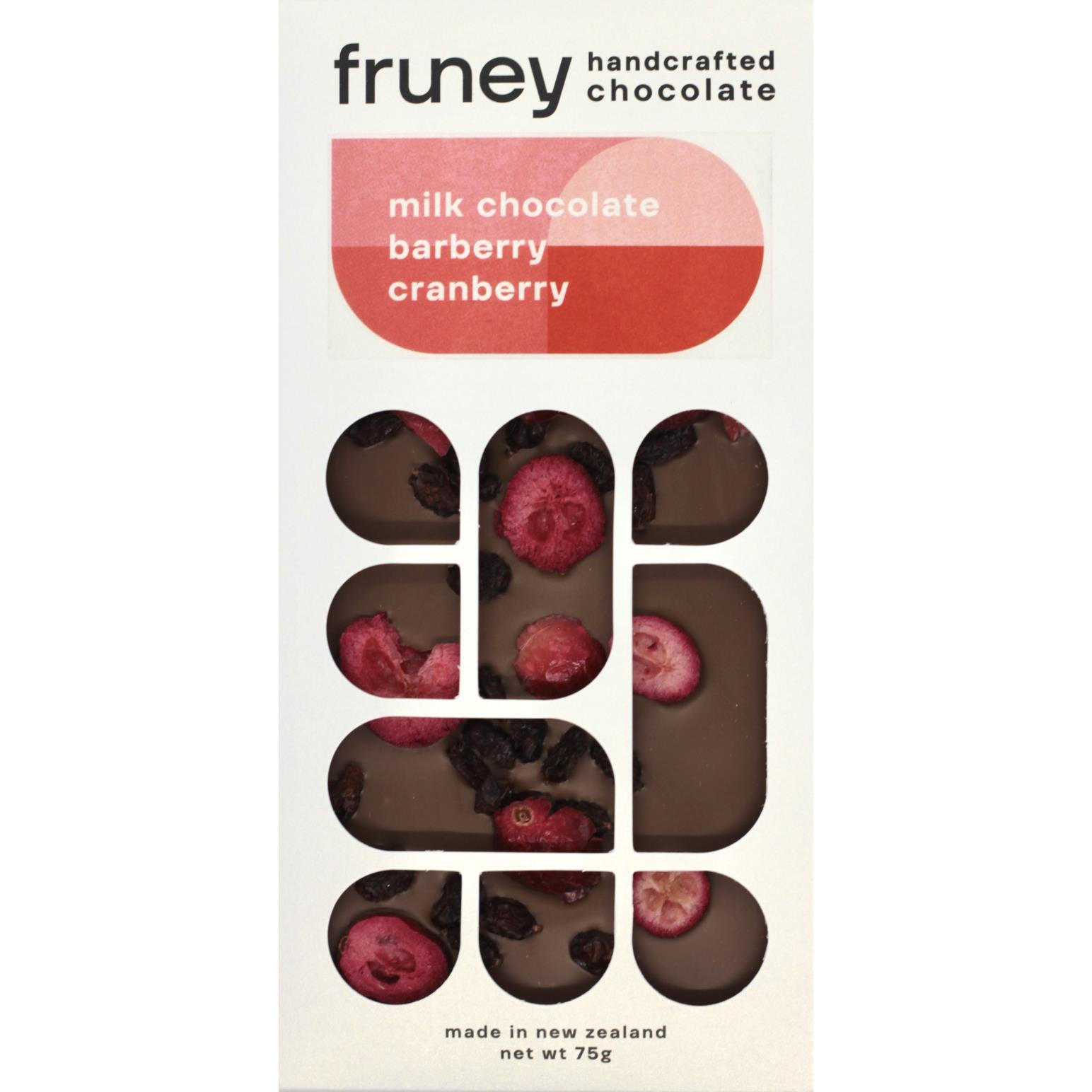 fruney handcrafted chocolate Milk Chocolate, Barberry & Cranberry 75g