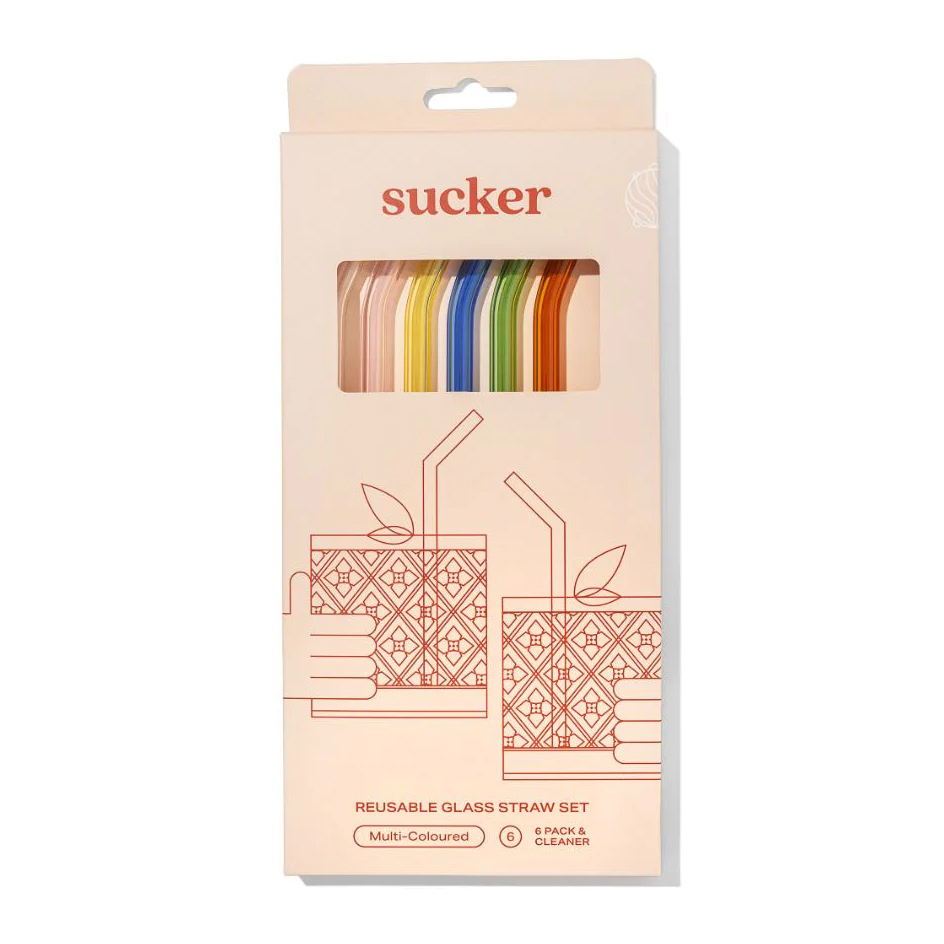 Sucker Re-Usable Glass Drinking Straws Multi Colour 6 Pack