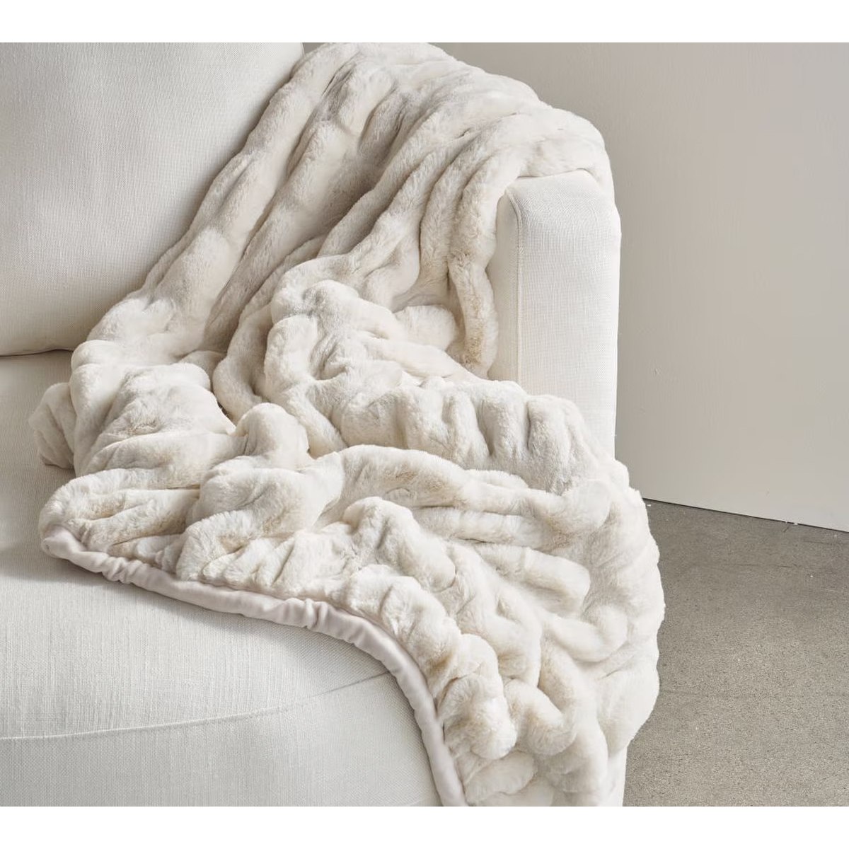 Pottery Barn Faux Fur Ruched Throw Gray