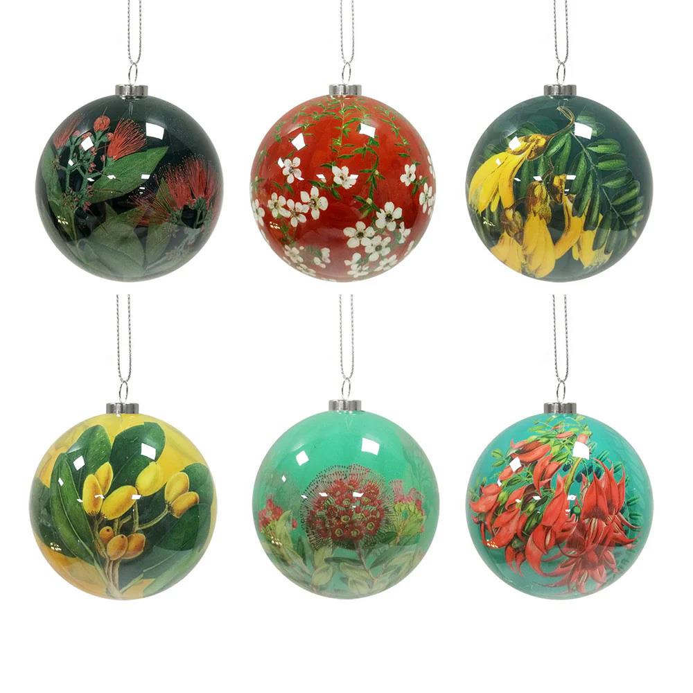 100% New Zealand Box Of Six Flora Christmas Baubles