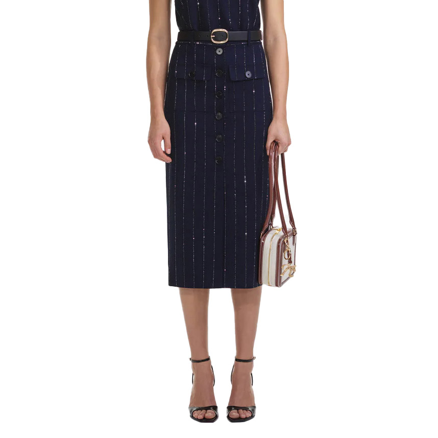 Self Portrait Navy Rhinestone Pinstripe Midi Skirt