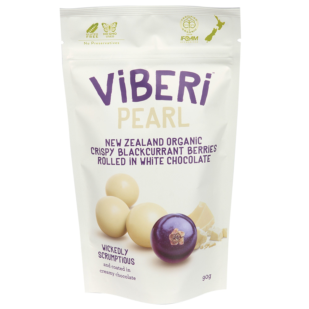 Viberi Pearl White Chocolate Rolled Crispy Blackcurrants 90g