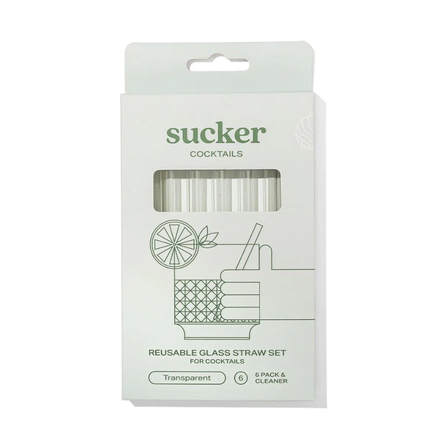 Sucker Re-Usable Glass Cocktail Straws Transparent 6 Pack