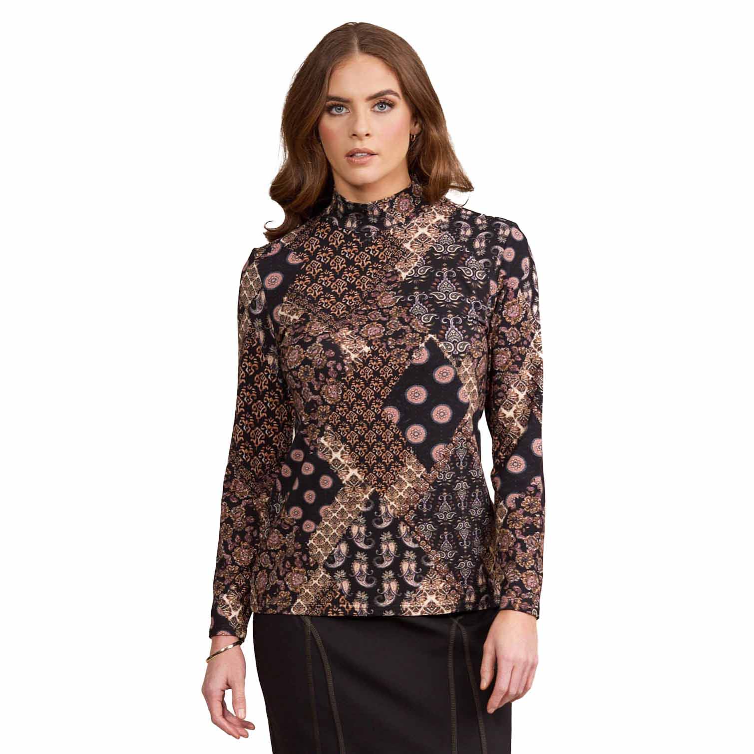 Vassalli Long Sleeve Printed Top With High Neck