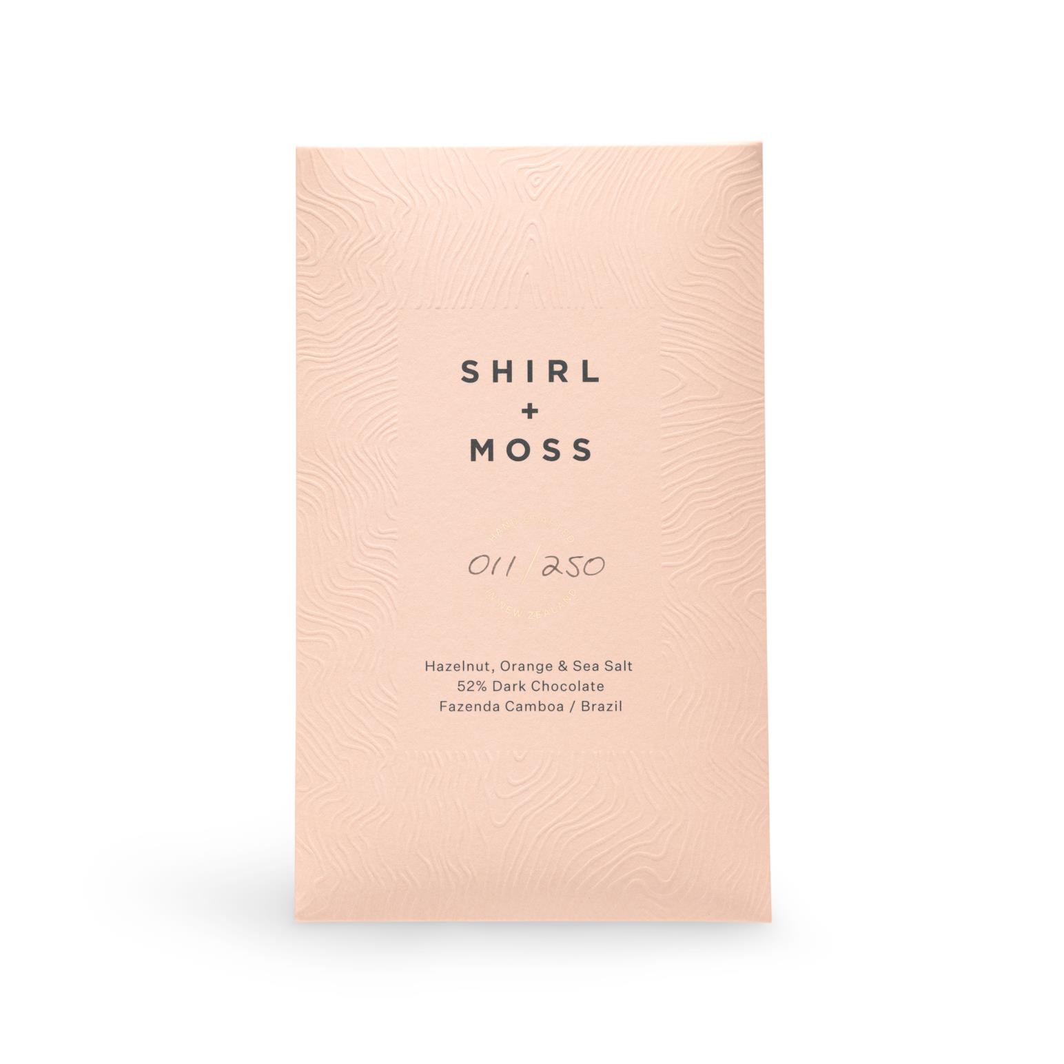 Shirl + Moss Hazelnut, Orange + Sea Salt 52% Dark Chocolate Bar 80G