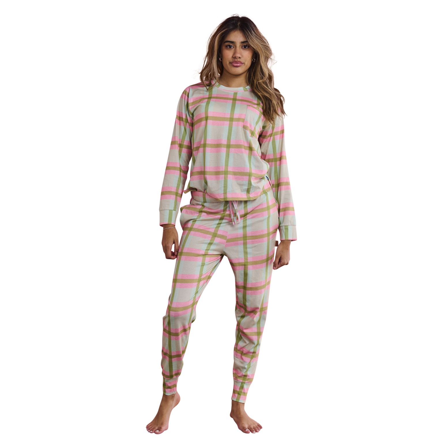 Kip&Co Pistachio Tartan Organic Cotton LS Pyjama Top & Slouch Pant Set