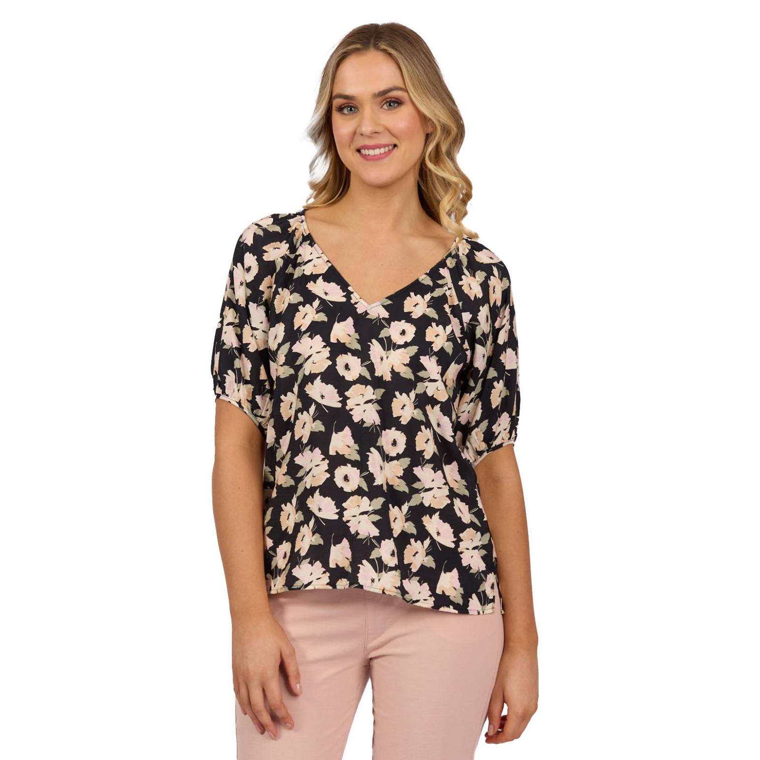 Vassalli Printed V Neck Top With Floaty Sleeve