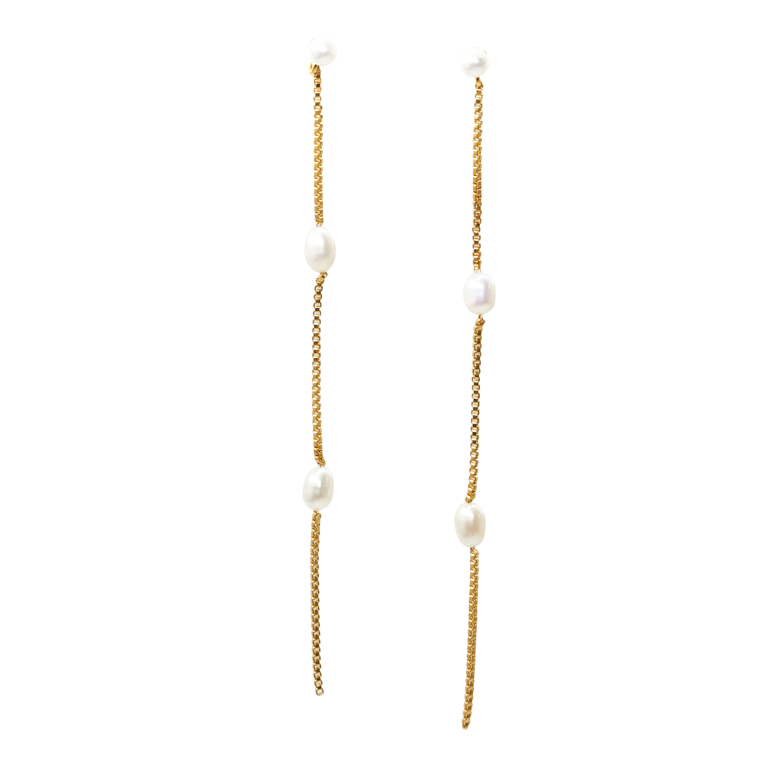 Stella + Gemma Gold Long Box Chain With Fresh Water Pearls Earrings