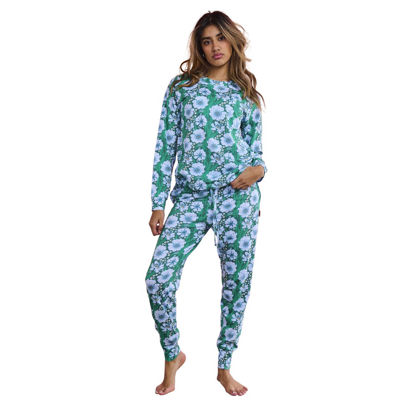 Kip&Co Tumbling Flowers Green Organic Cotton LS Pyjama Top & Slouch Set