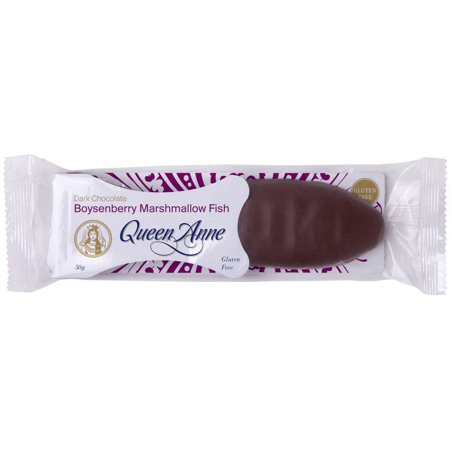 Queen Anne Marshmallow Fish Dark Chocolate Boysenberry 50g