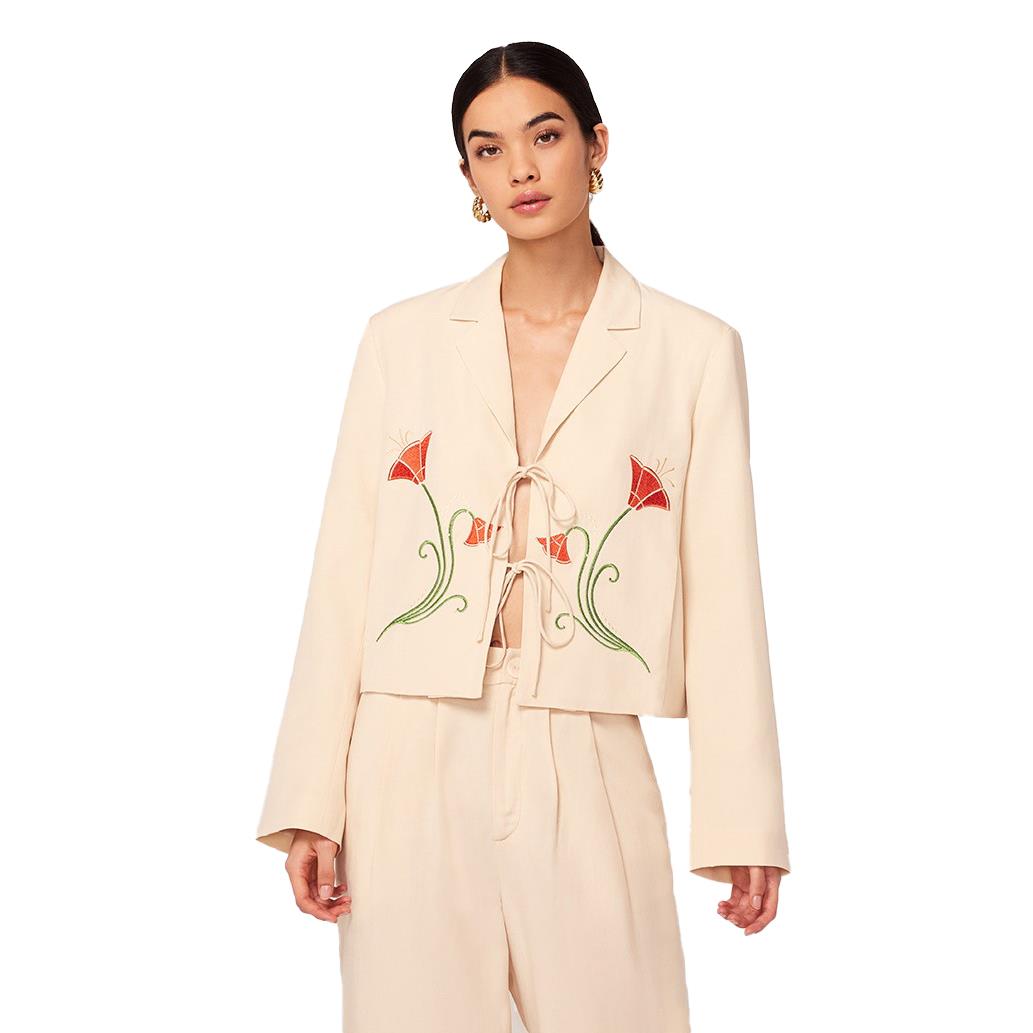 KITRI Cressida Sand Embroidered Tie Front Blazer