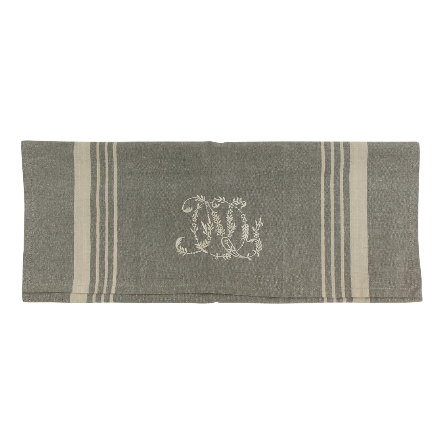 French Country Pale Grey Natural Linen Stripe Monogram Teatowel