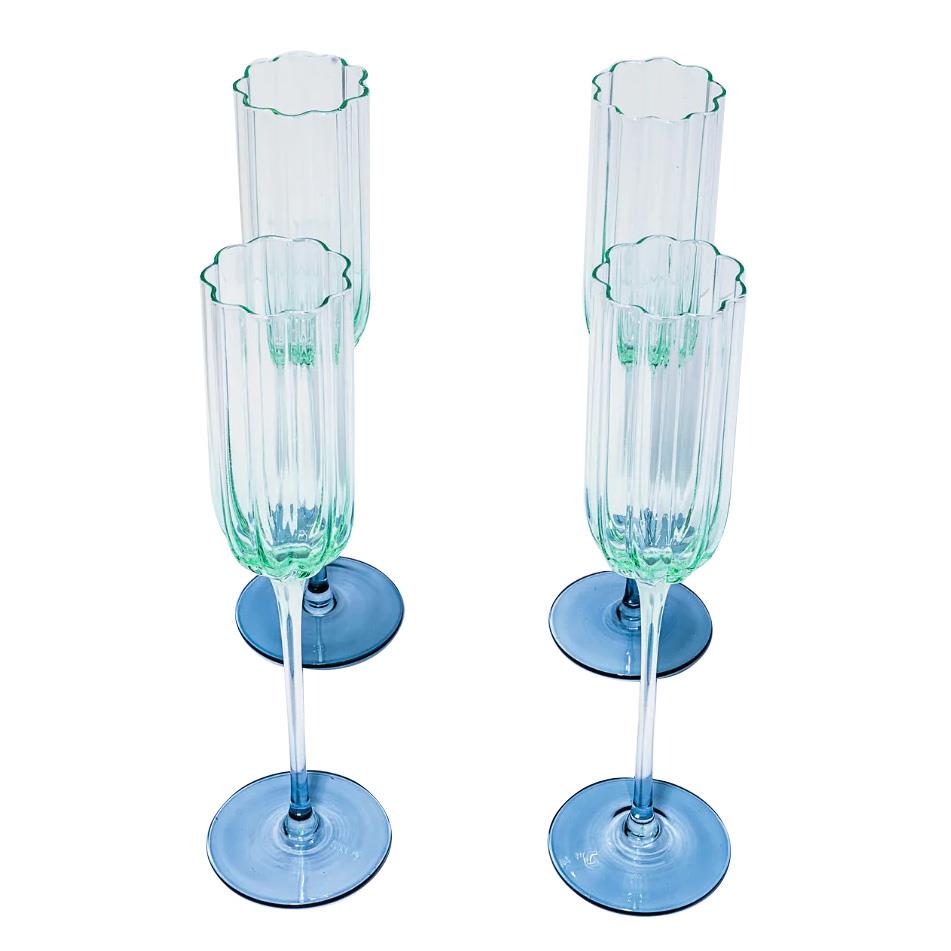 Home Lab Petal Champagne Flute Aqua Set Of 4