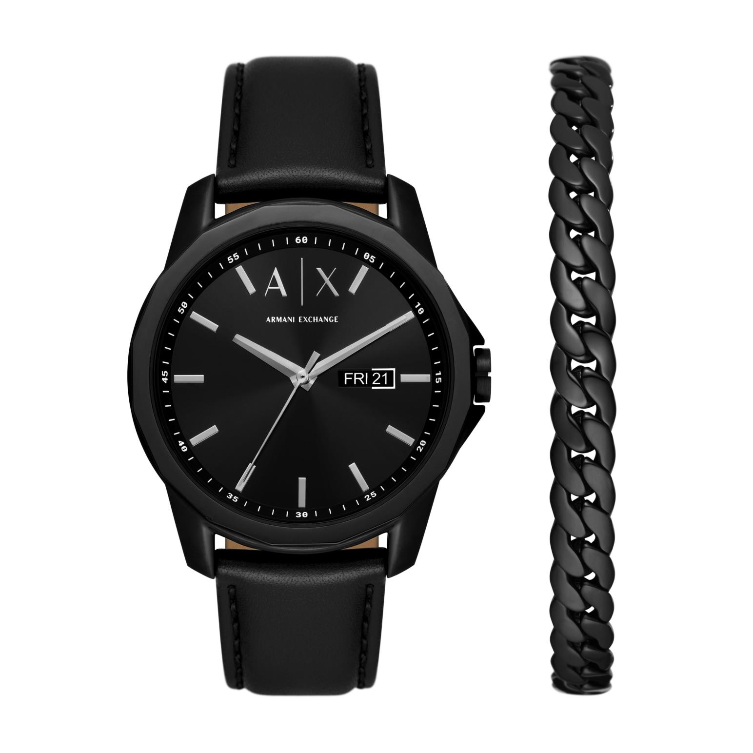 Armani Exchange Three-Hand Day-Date Black Leather Watch & Bracelet Set