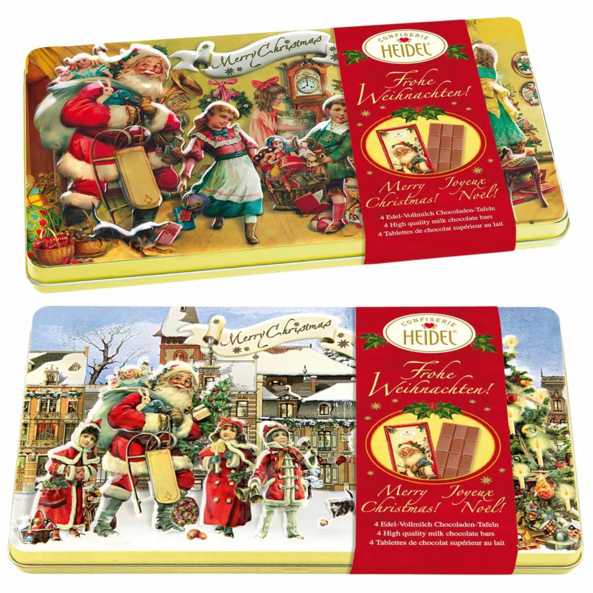 Heidel Christmas Nostalgia Tin Box with 4 Milk Chocolate Bars 120g Assorted