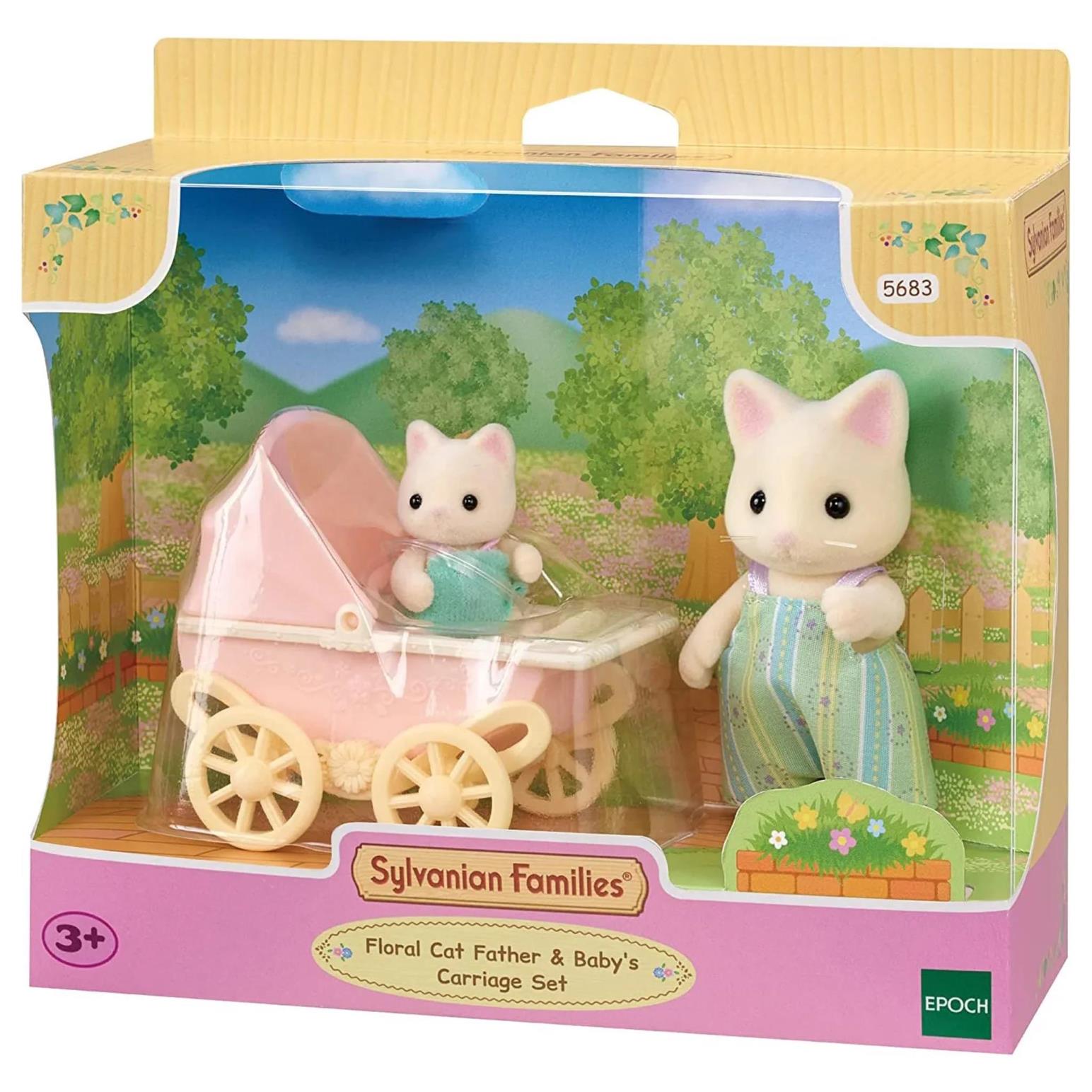 Sylvanian Families Floral Cat Father & Baby Carriage Set