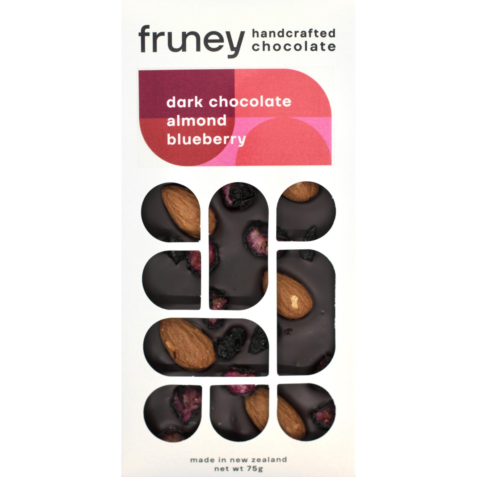 fruney handcrafted chocolate Dark Chocolate, Almonds & Blueberry 75g