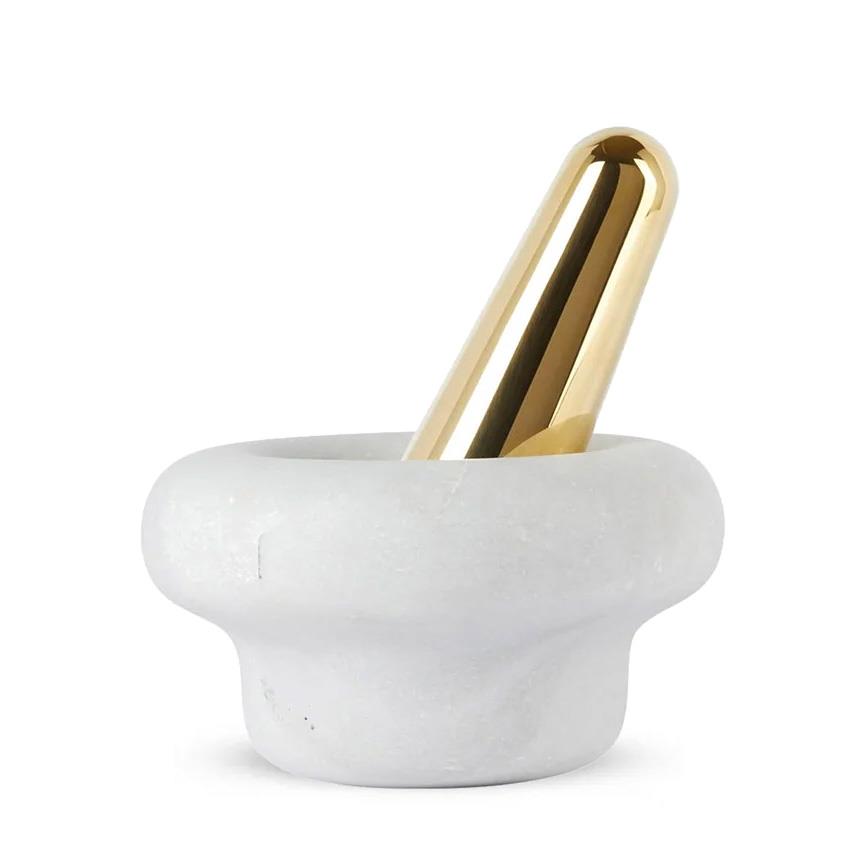 Tom Dixon Stone Pestle & Mortar White Morwad Marble & Gold Brass