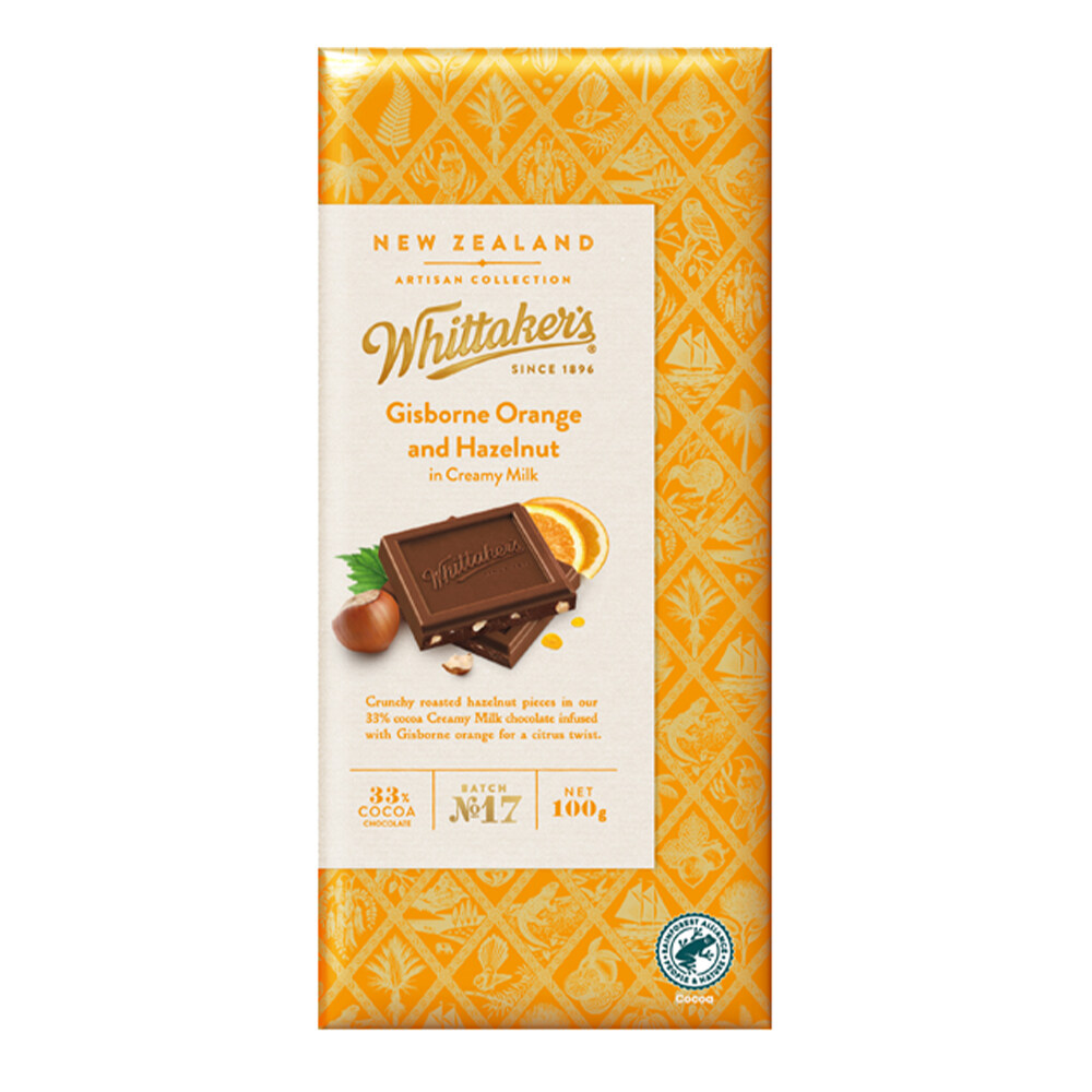 Whittaker's Gisborne Orange & Hazelnut in 33% Creamy Milk Chocolate 100g