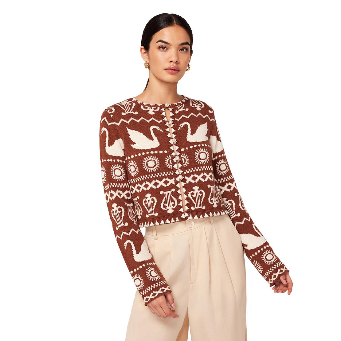 KITRI Carmel Brown Swan Fairisle Knit Cardigan