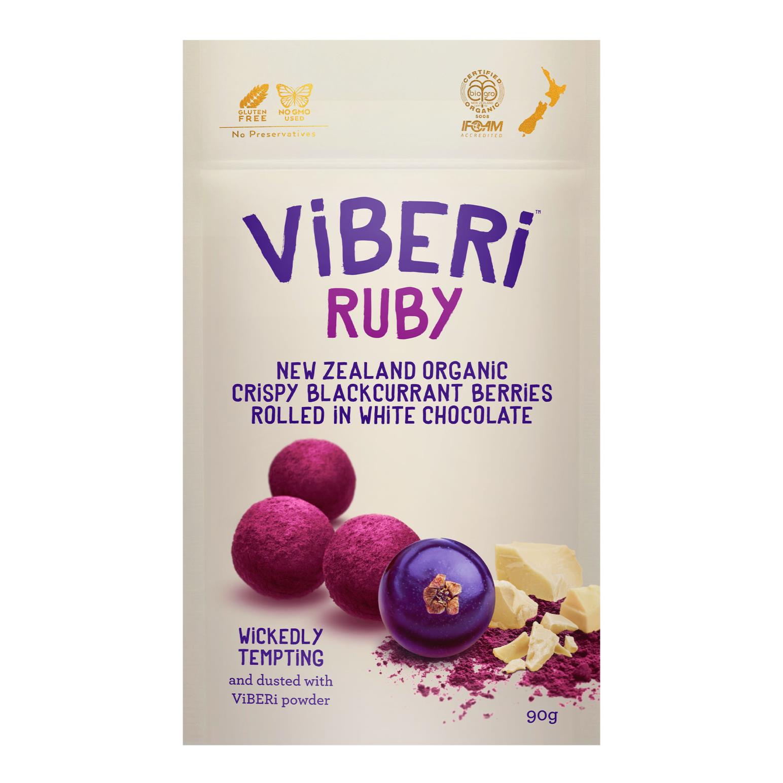 Viberi Ruby White Chocolate Rolled Crispy Blackcurrants 90g