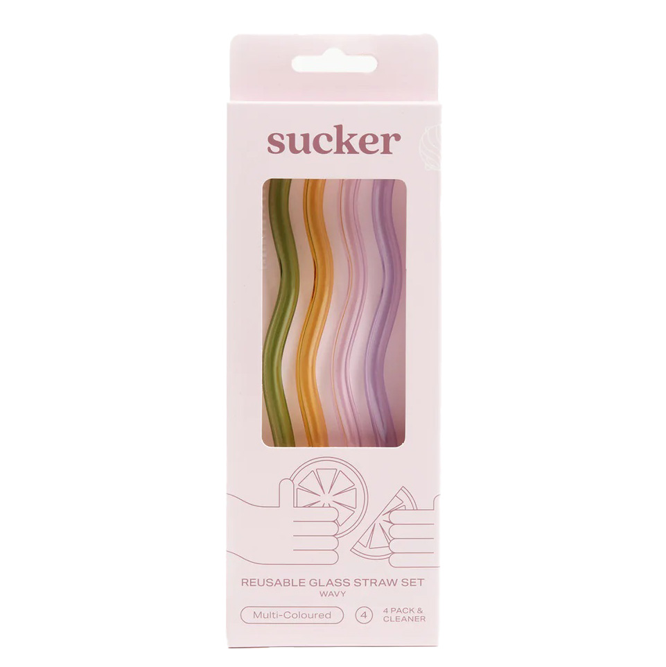 Sucker Re-Usable Glass Cocktail Straws Wavy 4 Pack