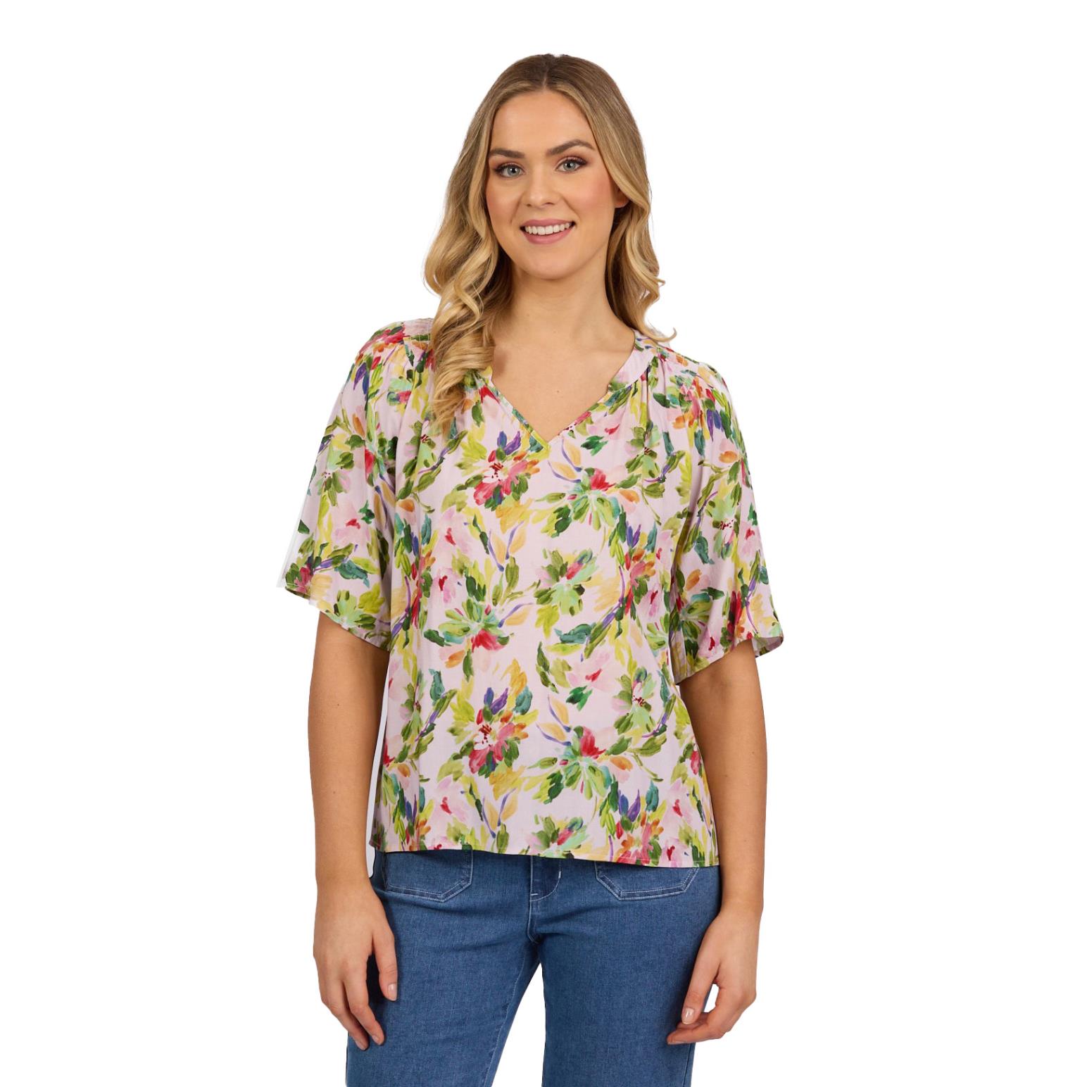 Vassalli Short Sleeve V Neck Top With Shirred Shoulders