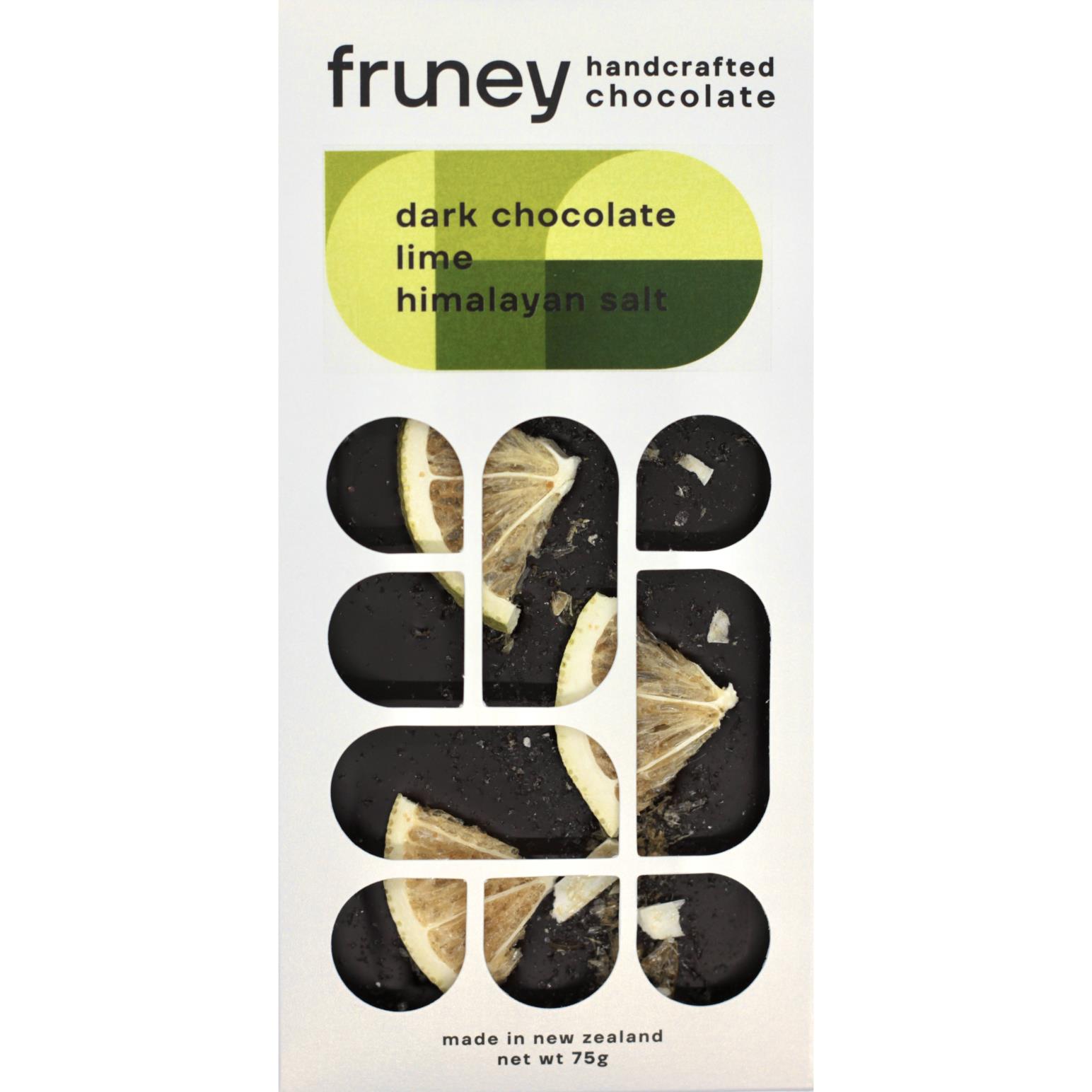 fruney handcrafted chocolate Dark Chocolate, Lime & Himalayan Salt 75g